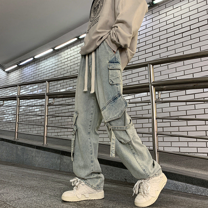 saferido techwear outfits Autumn and Winter Jeans Men's Loose Straight American Retro High Street Multi-Pocket Elastic Wide-Leg Overalls