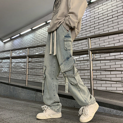 saferido techwear outfits Autumn and Winter Jeans Men's Loose Straight American Retro High Street Multi-Pocket Elastic Wide-Leg Overalls