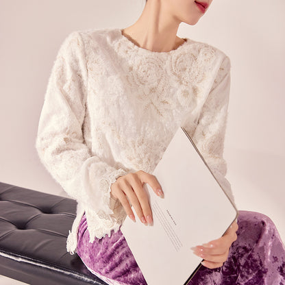 Spring  New Versatile New Chinese Lace Top Crew Neck Flower Embroidery Design National Style Shirt MZ056