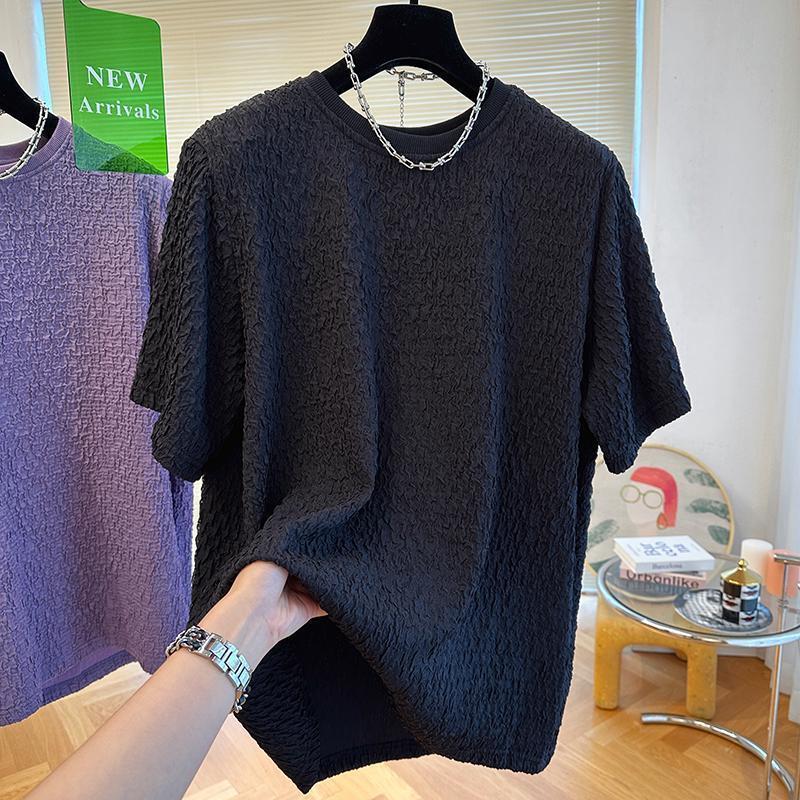High-grade texture design casual short-sleeved T-shirt for men and women, seersucker lazy summer loose temperament men's top