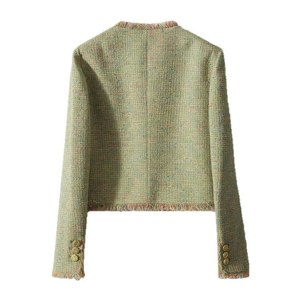 2025 Rough tweed high-end small fragrant short coat green  spring new women's temperament versatile top