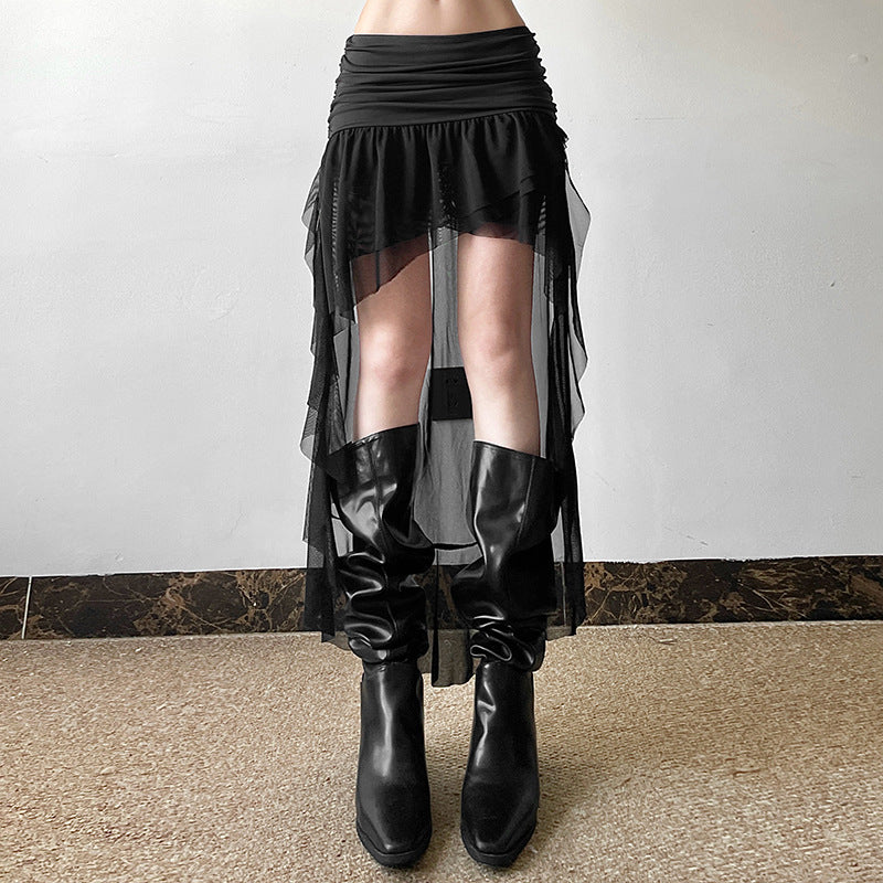 Cross-border 2025 style popular autumn new women's clothing light tulle cascade design pure black mesh slim skirt