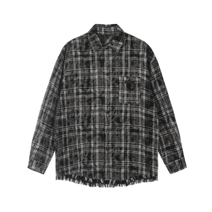 saferido      -shop skater boy outfits American High Street Retro Niche Tie-Dyed Plaid Destroyed Frayed Shirt Shirt Men's Loose Autumn Long Sleeve Coat Fashion
