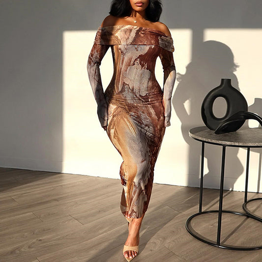 Popular trade 2025 women's clothing independent station popular autumn and winter retro style printing sexy one-word shoulder long-sleeved dress