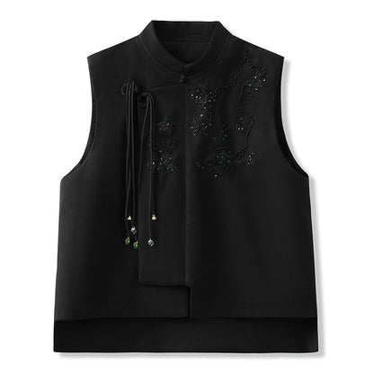 New Chinese style new stand-up collar vest women's casual versatile heavy industry flower embroidered buckle vest jacket women M6036
