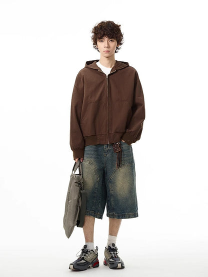 American high-grade denim shorts men's retro pants European and American logging wide-leg shorts six-point pants couple summer