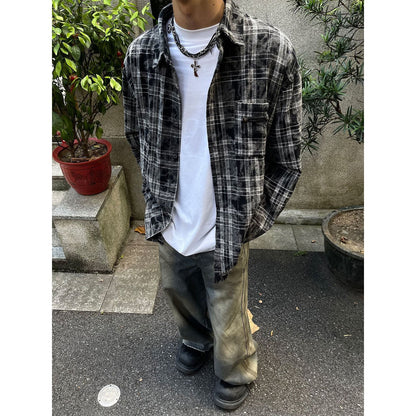 saferido      -shop skater boy outfits American High Street Retro Niche Tie-Dyed Plaid Destroyed Frayed Shirt Shirt Men's Loose Autumn Long Sleeve Coat Fashion