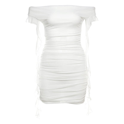 2025 style 2025 spring new women's clothing elegant temperament slim-fitting one-word collar solid color hip-wrapped dress