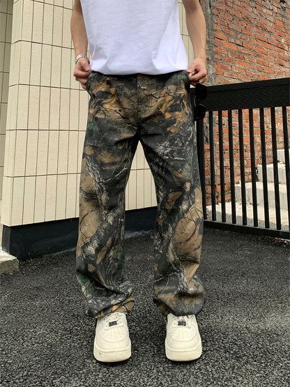American trendy brand tree branch camouflage retro workwear casual pants men's summer handsome all-match high street loose wide-leg pants
