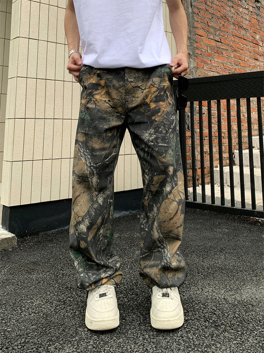 American trendy brand tree branch camouflage retro workwear casual pants men's summer handsome all-match high street loose wide-leg pants