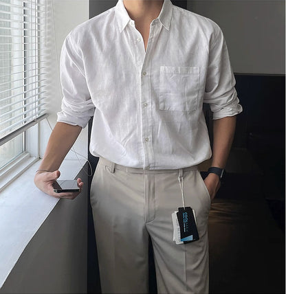saferido homecoming outfits for guys Retro British Mature Men's Spring and Autumn Shirt Versatile Solid Color Linen Shirt High Sense Simple Men's Korean Fashion
