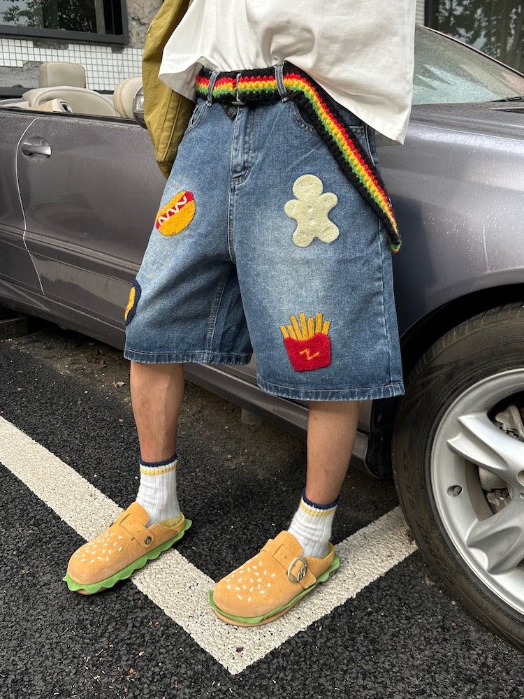 saferido 90s streetwear American Retro Creative French Fries Hot Dog Towel Embroidered Denim Shorts Men's and Women's High Street Straight Loose Wide-Leg Shorts