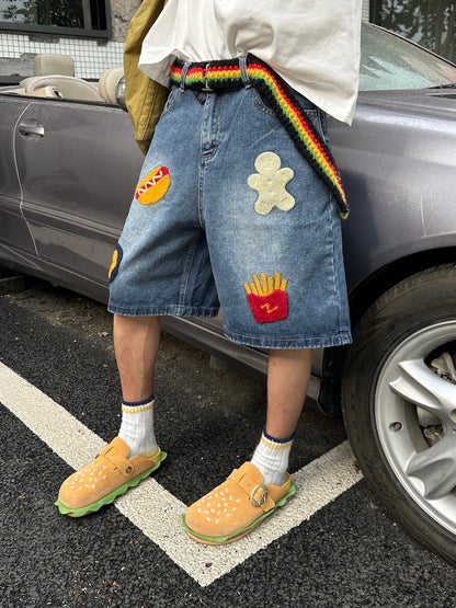 saferido 90s streetwear American Retro Creative French Fries Hot Dog Towel Embroidered Denim Shorts Men's and Women's High Street Straight Loose Wide-Leg Shorts