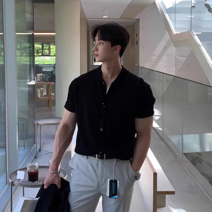 saferido      -shop old money outfits men Ice Silk Knitted Short-Sleeved Men's Summer Ruffle Handsome Lapel T-shirt New Men's Summer Top Polo Shirt