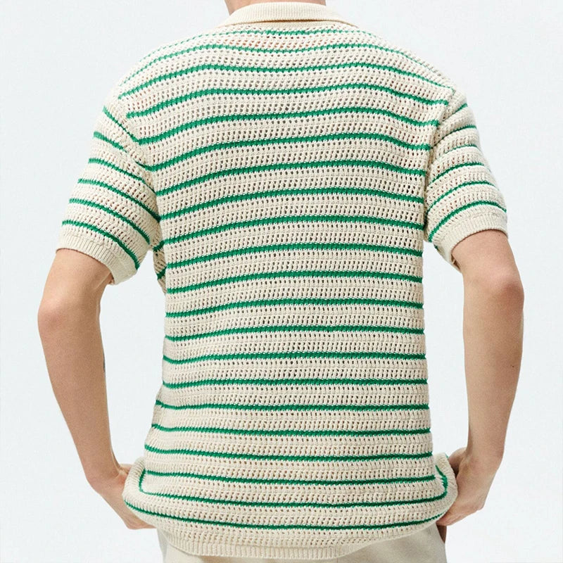 Summer Clothing Men's Light Luxury Knitted Polo Shirt Casual Vintage Button-down Striped Short Sleeve Fashion Leisure Knitwear