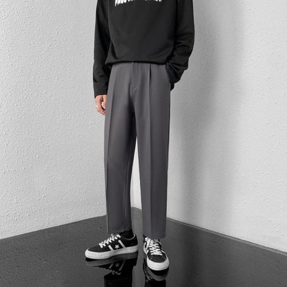 Solid Color Straight Mens Pants Casual Fashion Black Suit Trousers For Male Korean Style  Cropped Pants