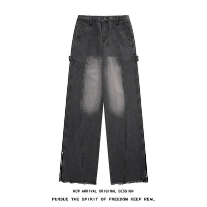 Spring New Fashion Side Zipper Casual Jean Pants Men High Street Loose Straight Pant Mens Vintage All-match Trousers
