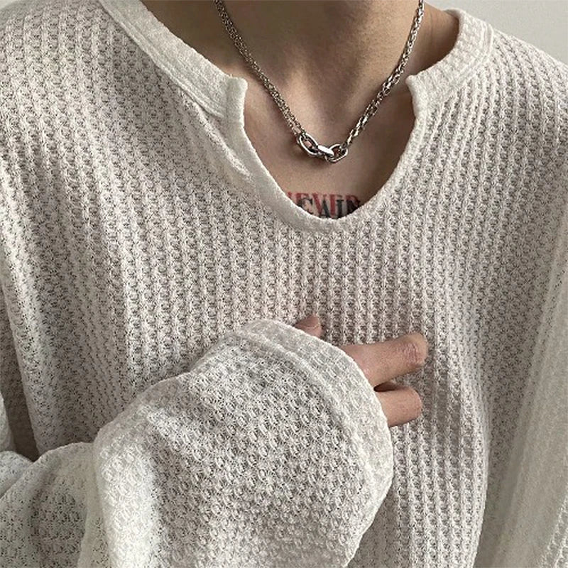 Men's Retro Loose Lazy Stylish Long Sleeve T-Shirt Casual O Neck Solid Exposed Clavicle Tops Breathable Basic Shirt New