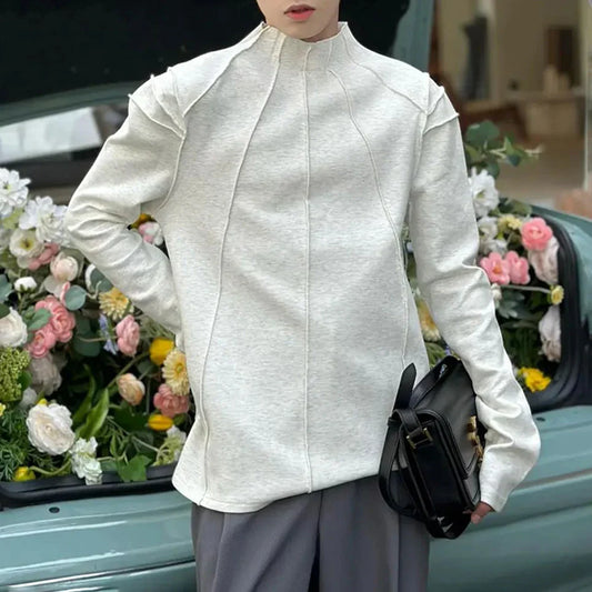 saferido Mens Autumn 100% Cotton Slim Fit Half Turtle Collar Long Sleeve T-Shirt Genderless Korean Style Contour Line Sweatshirt Unisex