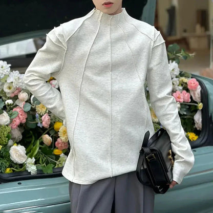 saferido Mens Autumn 100% Cotton Slim Fit Half Turtle Collar Long Sleeve T-Shirt Genderless Korean Style Contour Line Sweatshirt Unisex