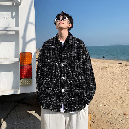 saferido French small fragrance coat men's fashion high sense men's clothing spring and autumn tweed woven thousand bird check shirt men