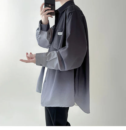 saferido Men's shirt Gradient Plicated Long Sleeve Shirts Loose Korean Shirt Fashion Casual Oversize Shirt Coat High Quality Clothing