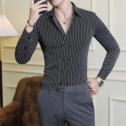 Men Double Breasted Striped Shirt Spring New Party Evening Dress Formal Shirt Long Sleeved Fashionable Casual Men Clothing