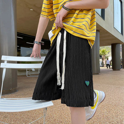 saferido Loose Beach Shorts Thin Summer Sports Straight Wide-leg Casual Pants Oversize Green Label Solid Pleated Five-point Pants Men