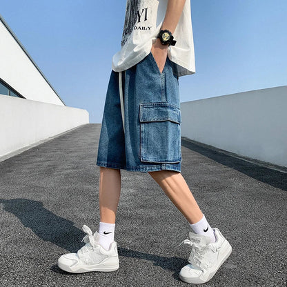 saferido Korean Summer Men's Wide Leg Denim Shorts New Fashion Loose Casual Elastic Waist Large Pocket Work Shorts Men's Brand Clothing