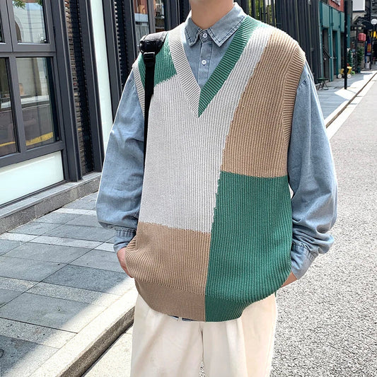 saferido Autumn New Sleeveless Knit Vest Geometric Pattern Pullovers Men's Cashmere Sweater Yellow Oversize Knitted Preppy Style Tops