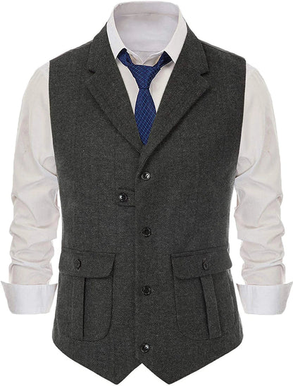 Herringbone Men's Vests Casual Suit Vest Notch Lapel with Two Pockets Herringbone Waistcoat for Wedding Groomsmen  Men Vest
