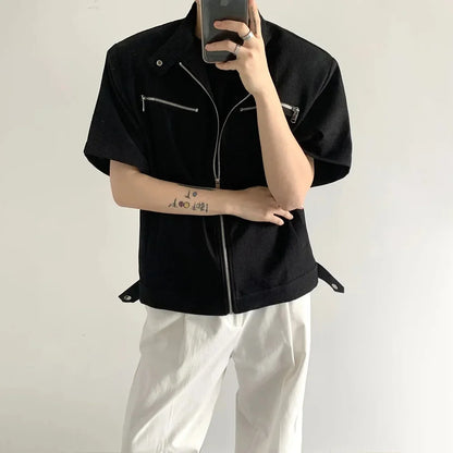 saferido Korean Fashion Male Zipper Shirts Summer Trendy Casual Short Sleeved Tops New Male Solid Cardigan Stand Collar Functional Shirt