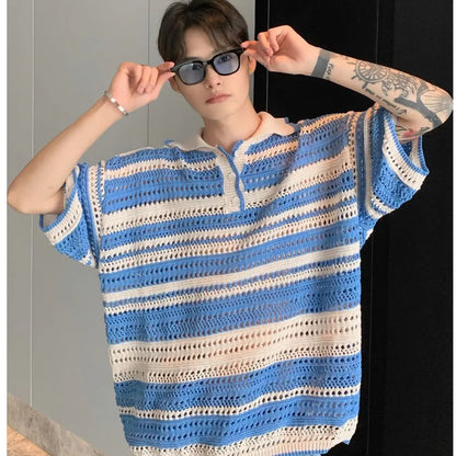 saferido American retro striped contrasting knitted polo shirt loose summer new style lapel casual short sleeved men and women T-shirt