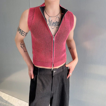 saferido Knitted Vest Men's Stand Collar Handsome Sweater Vest Korean Streetwear Male Clothing 2024 Spring Summer Fashion New