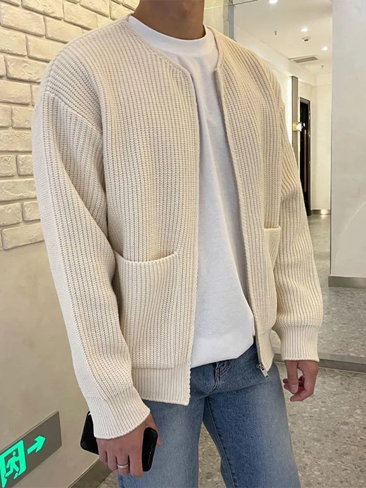 Autumn Knitted Long Sleeve Sweater Men Fashion Cardign Knitwear Slim Fit Men's Clothing New Pocket Warm Zipper Tops Male