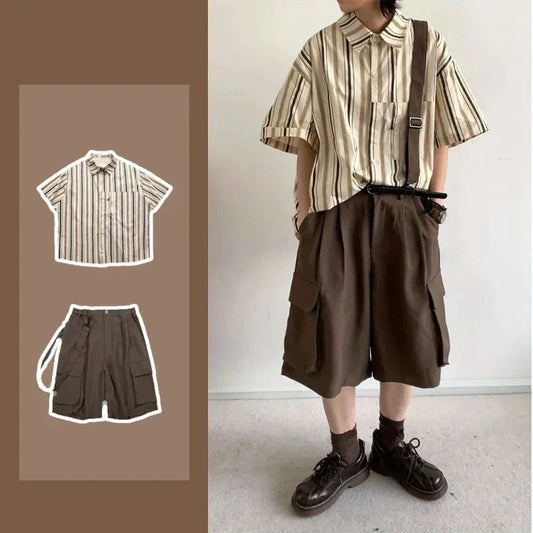 Summer Street Mens Two Piece Set Retro Striped Pocket Shirt+casual Wide Leg Tooling Shorts Sets Japanese College Couple Set
