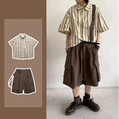 Summer Street Mens Two Piece Set Retro Striped Pocket Shirt+casual Wide Leg Tooling Shorts Sets Japanese College Couple Set