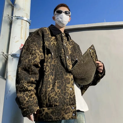 Leopard Padded Double-sided Thicken Jacket Men Vintage Winter Lambswool Warm Coat American Loose Warm Parkas Hip Hop Outwear