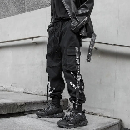 saferido Techwear Cargo Pants Men Joggers Black Cargo Trousers for Men Jogging Japanese Streetwear Hip Hop Hippie Gothic Ribbon