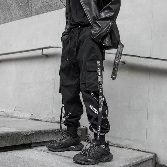 saferido Techwear Cargo Pants Men Joggers Black Cargo Trousers for Men Jogging Japanese Streetwear Hip Hop Hippie Gothic Ribbon