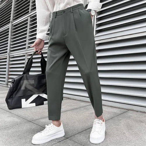 saferido Korean Business Solid Color Stretch Trousers Casual Pants Black Grey Mens Pants Office Trousers Men Tight-ankle Hombre 36