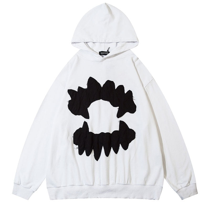 Vintage Mens Hoodie Sweatshirt Y2K Grunge Hip Hop Ripped Embroidery Teeth Patch Hooded Streetwear Harajuku Punk Gothic Pullover