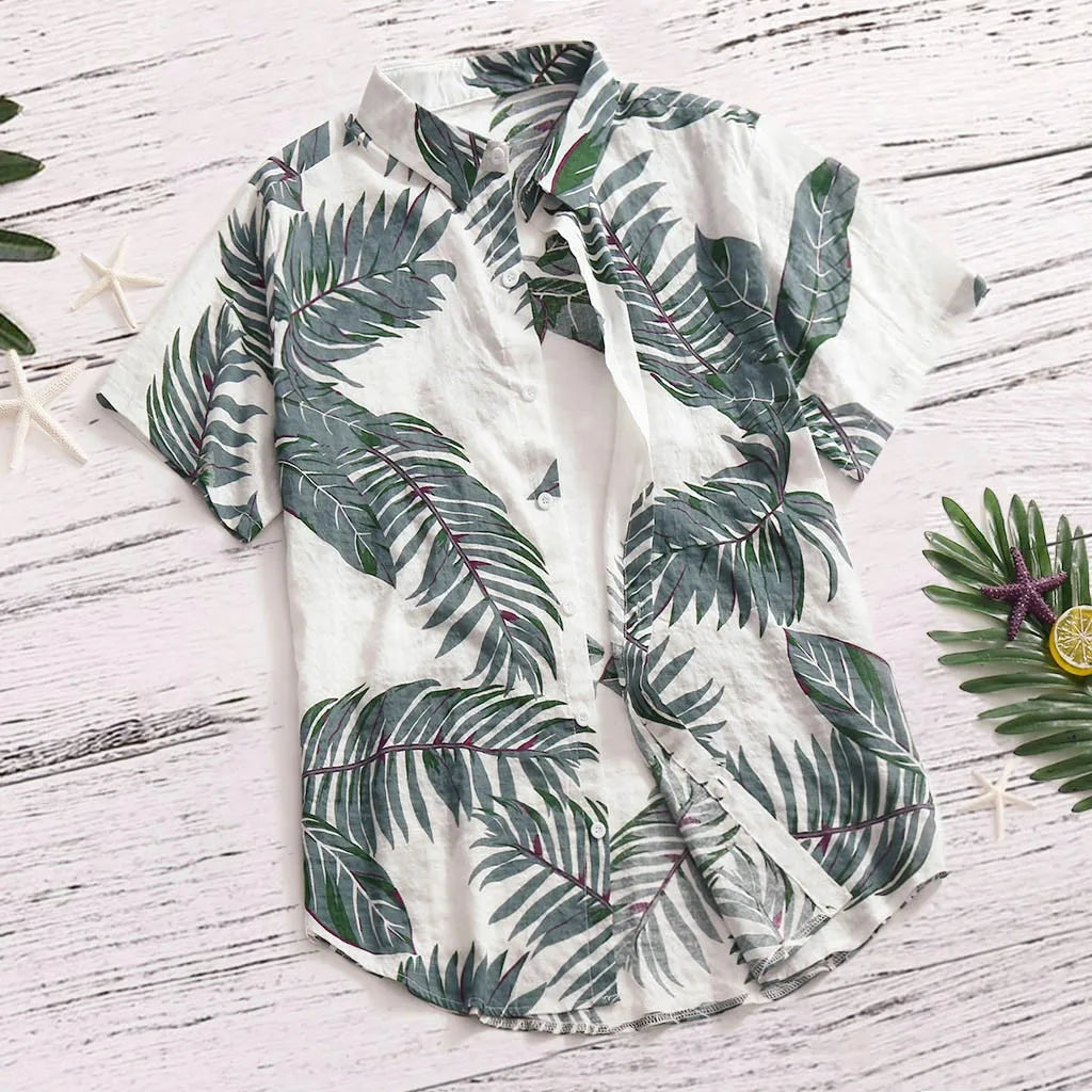 Hawaiian Shirt Men Holiday Short Sleeve Red Shirt Turn Down Collar Leaf Print Vacation Beach Tops Clothing Camisas