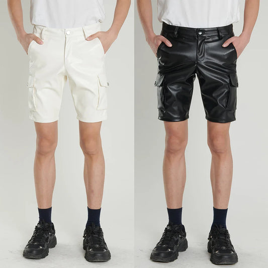 saferido New Solid PU Leather Pants Casual Men's Short Leather Pants Summer Fashion Club Punk Rock Shorts for Men Street LGBT Clothing