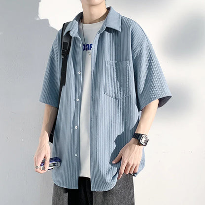 saferido Men's Short Sleeve Shirts Solid Color Blouses Fashion Streetwear Clothes College Style Tops Spring Summer Male Cardigan