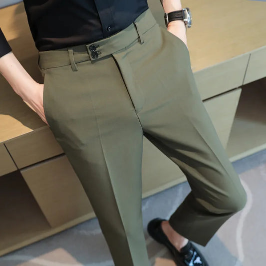 saferido Men Dress Pants High Waist Trousers Autumn New British Style Straight Slim Fit Suit Pants Solid Casual Fashion Men Clothing