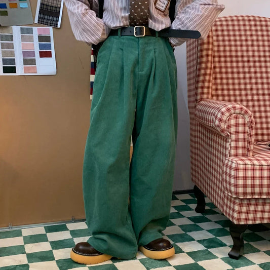 saferido Green Corduroy Pants Men Vintage Harajuku Japanese Retro Streetwear White Trousers Male Men's Casual Loose Fashion