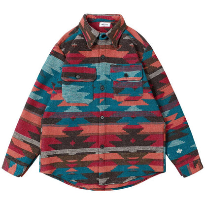 Winter Thicken Button Shirts Geometric Graphic Striped Nation Style Woolen Shirts Men's Autumn Button Up Blouse