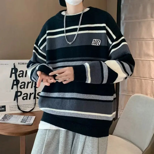 saferido Literature and Art Men's Loose Stripe Round Neck Knitwear Men's Autumn Oversize Lazy Sweater men coat winter clothes sweter