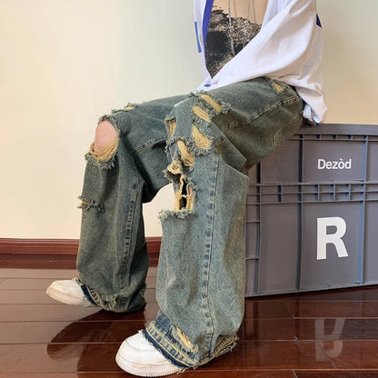saferido Men's Torn Jeans American Street Hip-hop Baggy Pants Spring and Autumn Thin Women's Hip-hop Baggy Pants Y2k Hombre